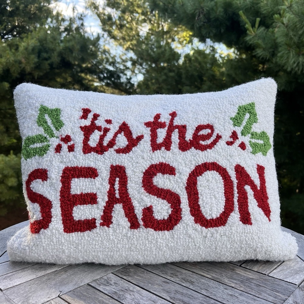 Holiday Decor Throw Pillow 'Tis The Season Artisan Hand Hooked Wool Red White